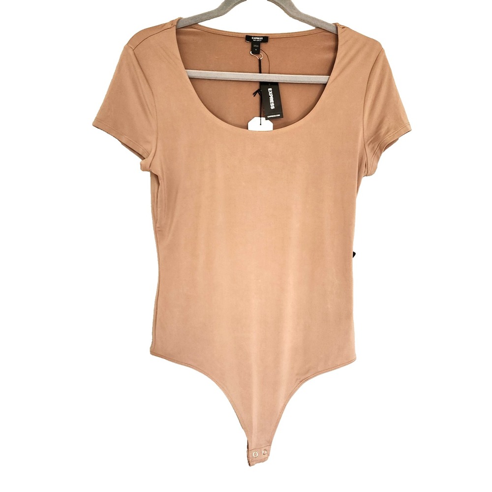 Express Body Contour Compression Short Sleeve Snap Thong Bodysuit Tan Medium NWT